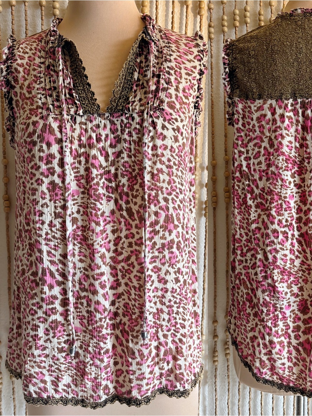 Lola P Pink Brown Cheetah Smocked Boho Western Glam Short Sleeve Flowy Top Med